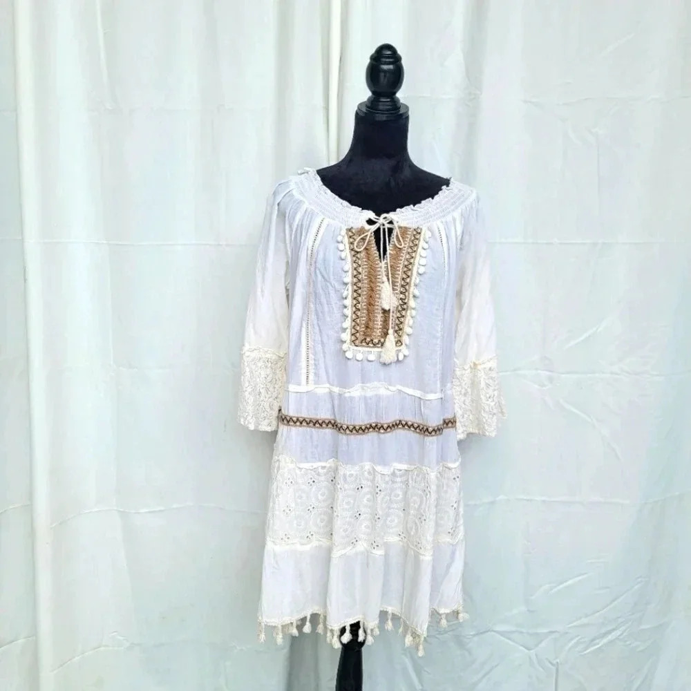 NWOT Magic Cotton White Swim Beach Cover Up Dress Crochet Lace Long Sleeve M